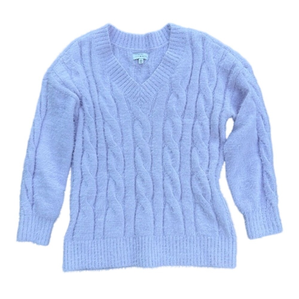 Lucky Brand Lavender Purple Fuzzy Cable Knit V-Neck Sweater Womens Medium